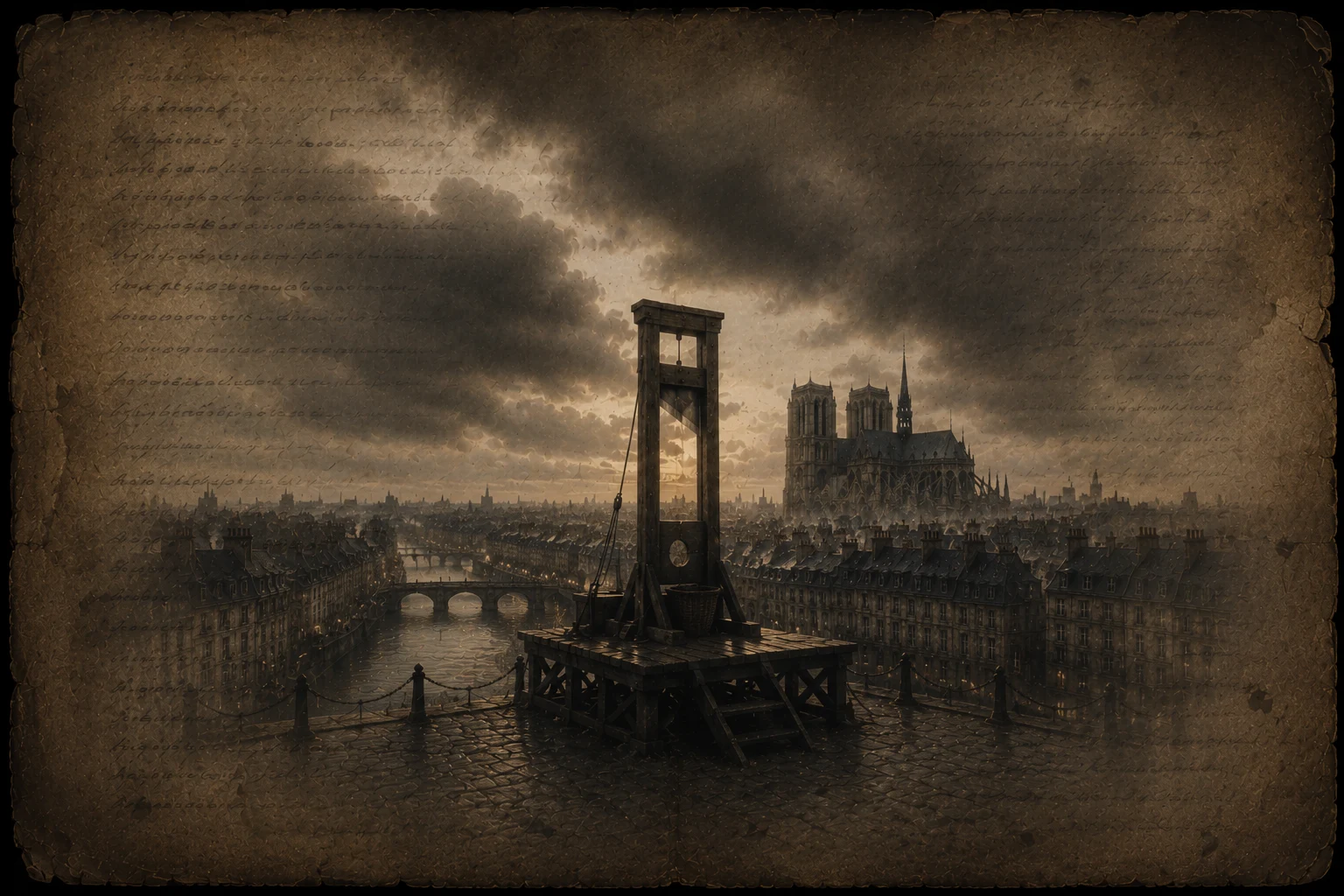 Old handwritten prophetic verse overlaid with the faint silhouette of a guillotine against a stormy Paris skyline